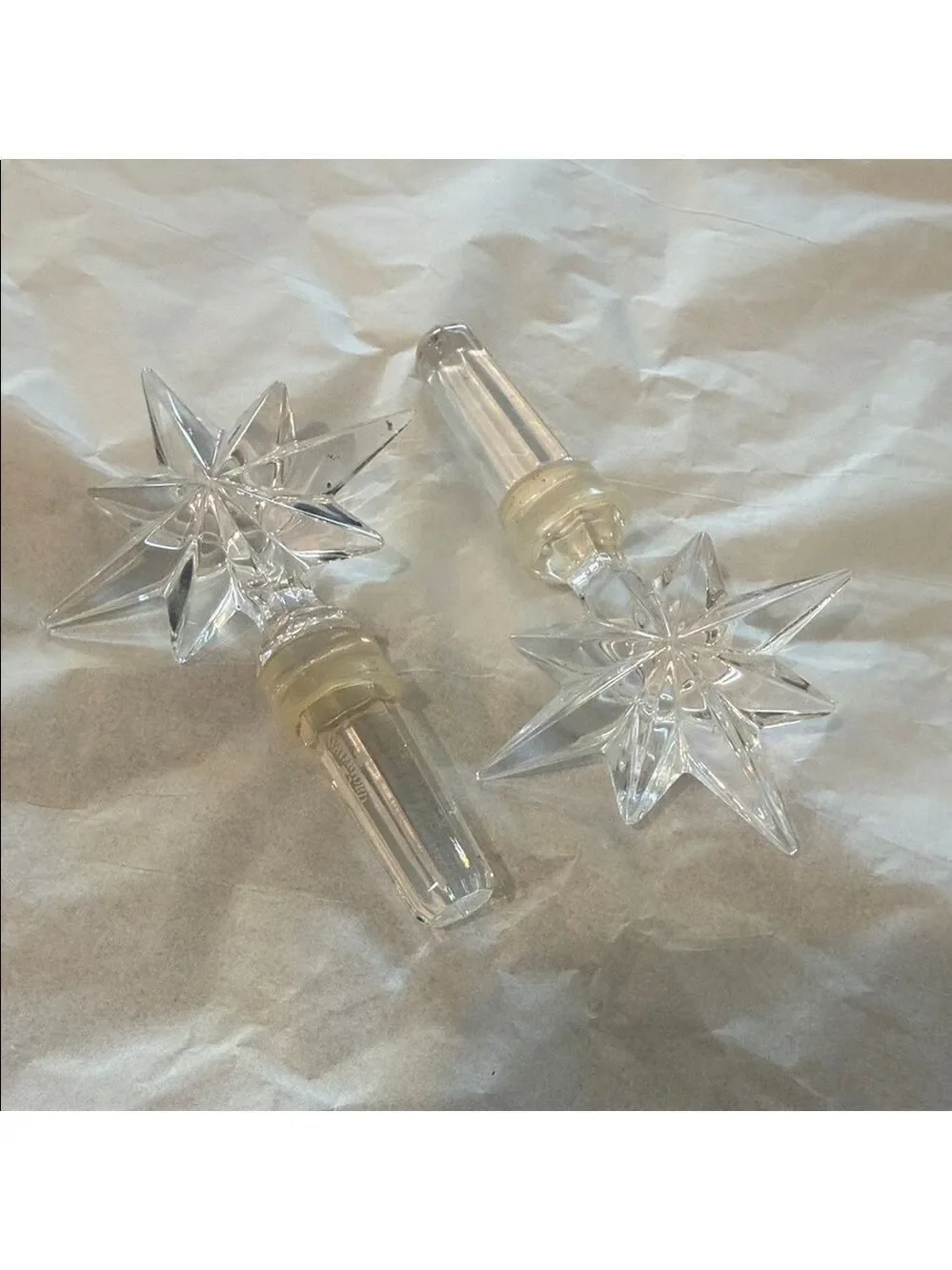 Waterford Crystle Pair of 2 Clear Star or Snowflake Wine Bottle Stoppers 4.5”